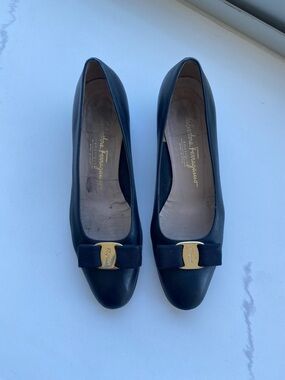Salvatore Ferragamo Black Leather Bow Shoe with Gold Plaque